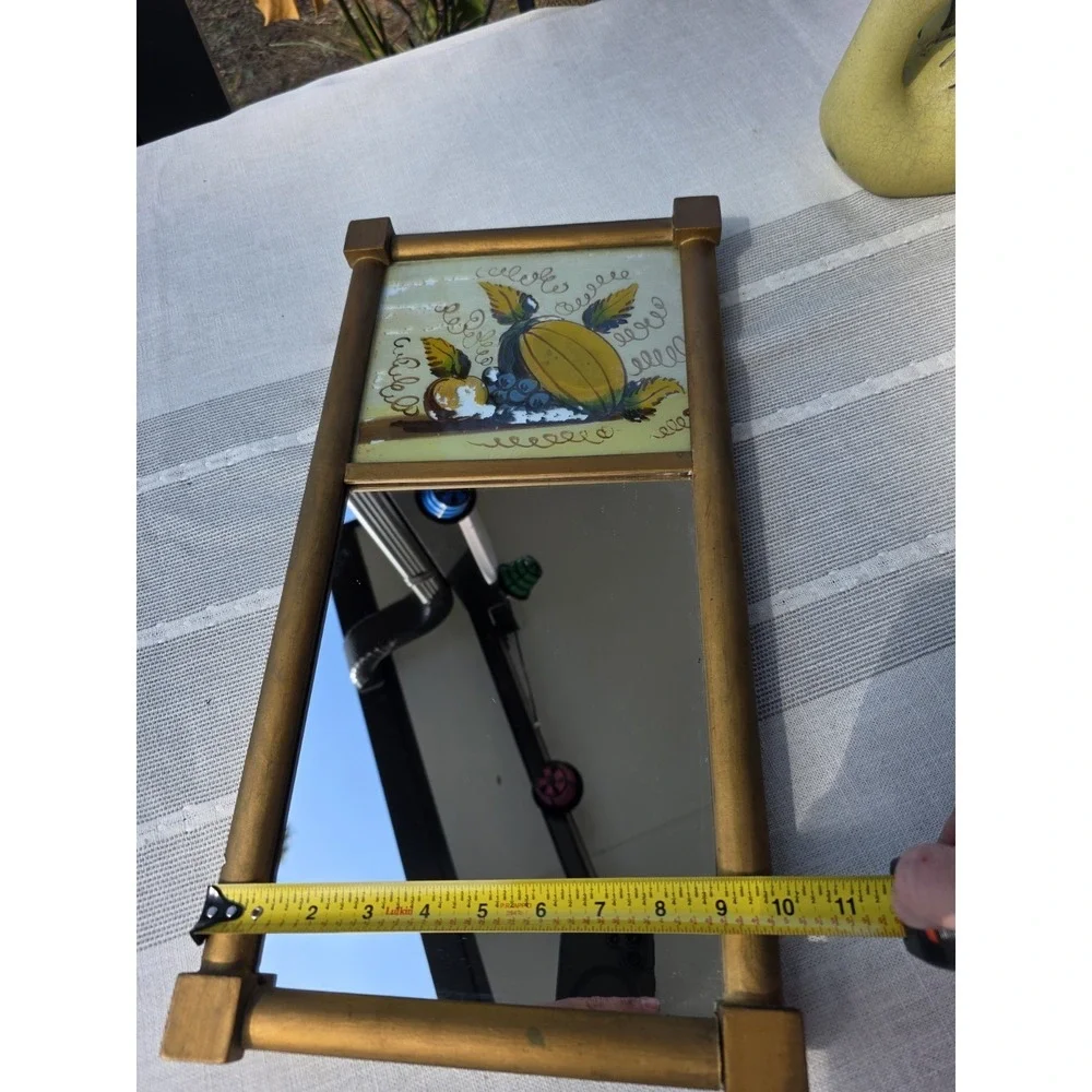 VTG 10x19.5 Gold Wood Wall Mirror Reverse Painted‎ Fruit Rustic Cottage